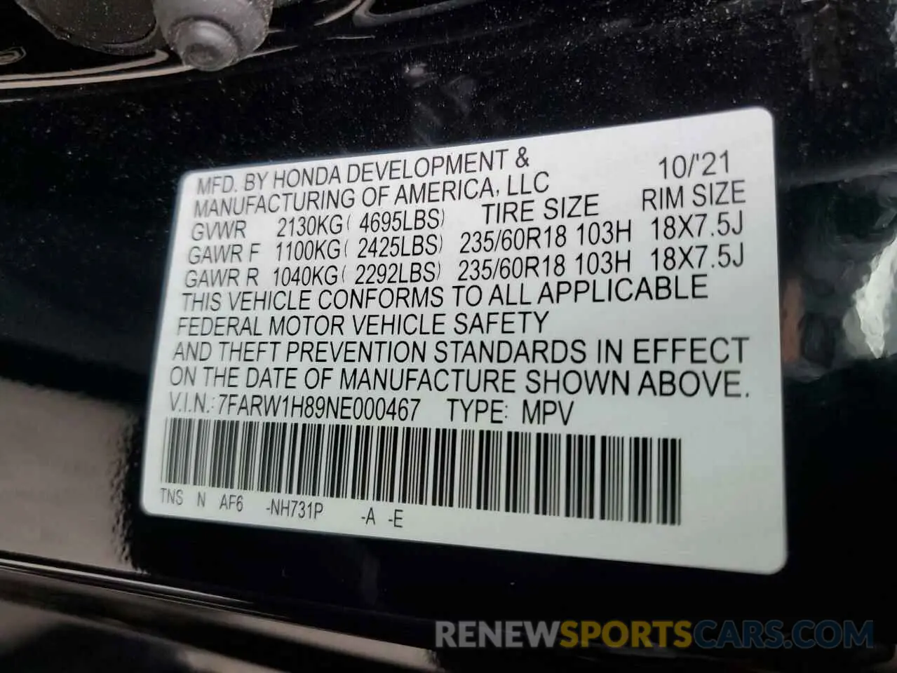14 Photograph of a damaged car 7FARW1H89NE000467 HONDA CRV 2022