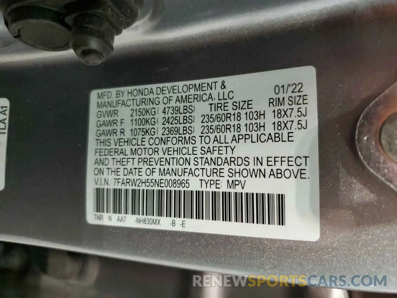 13 Photograph of a damaged car 7FARW2H55NE008965 HONDA CRV 2022