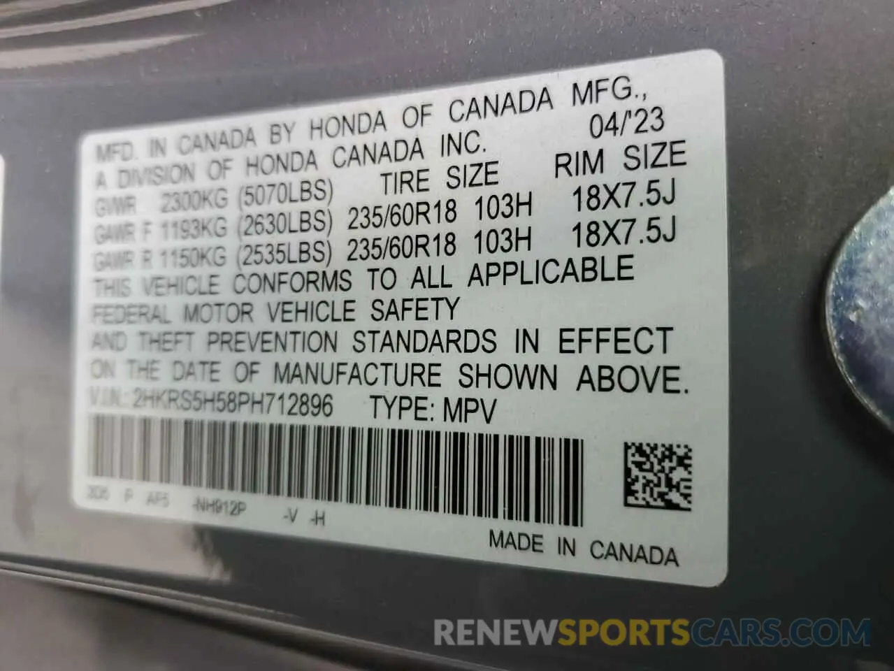 13 Photograph of a damaged car 2HKRS5H58PH712896 HONDA CRV 2023