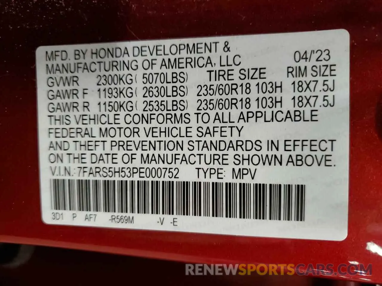 15 Photograph of a damaged car 7FARS5H53PE000752 HONDA CRV 2023