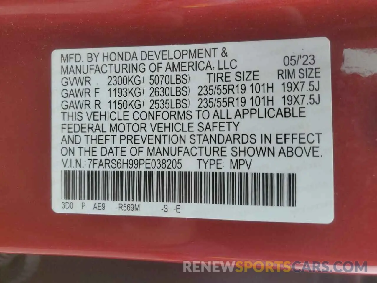 13 Photograph of a damaged car 7FARS6H99PE038205 HONDA CRV 2023