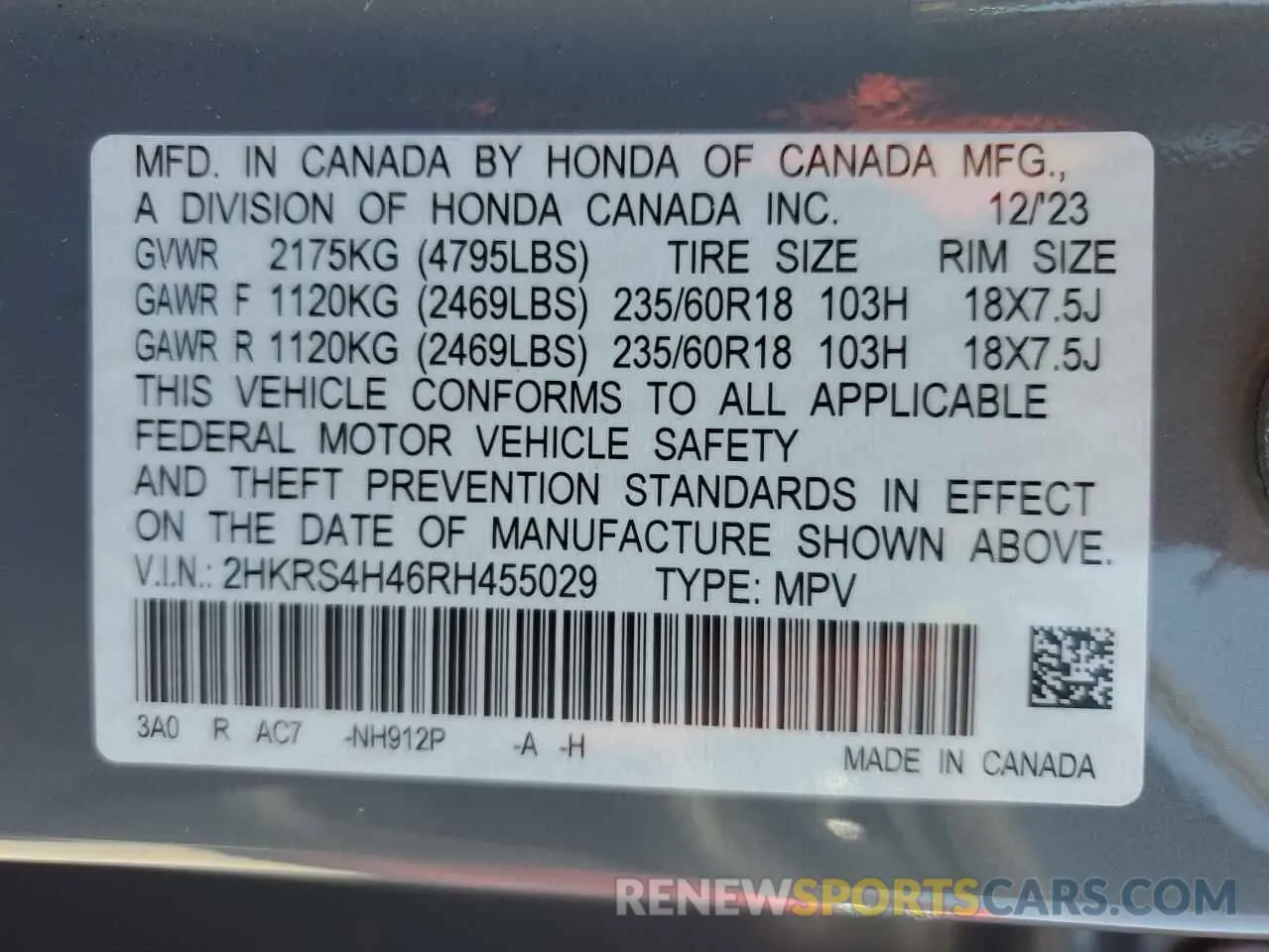 13 Photograph of a damaged car 2HKRS4H46RH455029 HONDA CRV 2024
