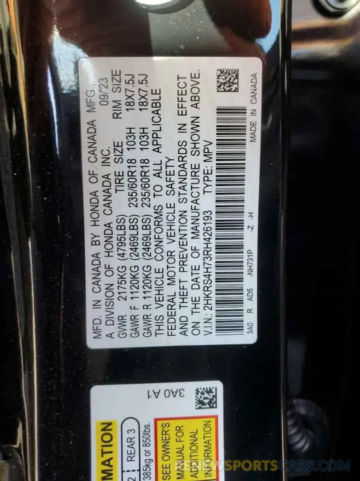 13 Photograph of a damaged car 2HKRS4H73RH426193 HONDA CRV 2024
