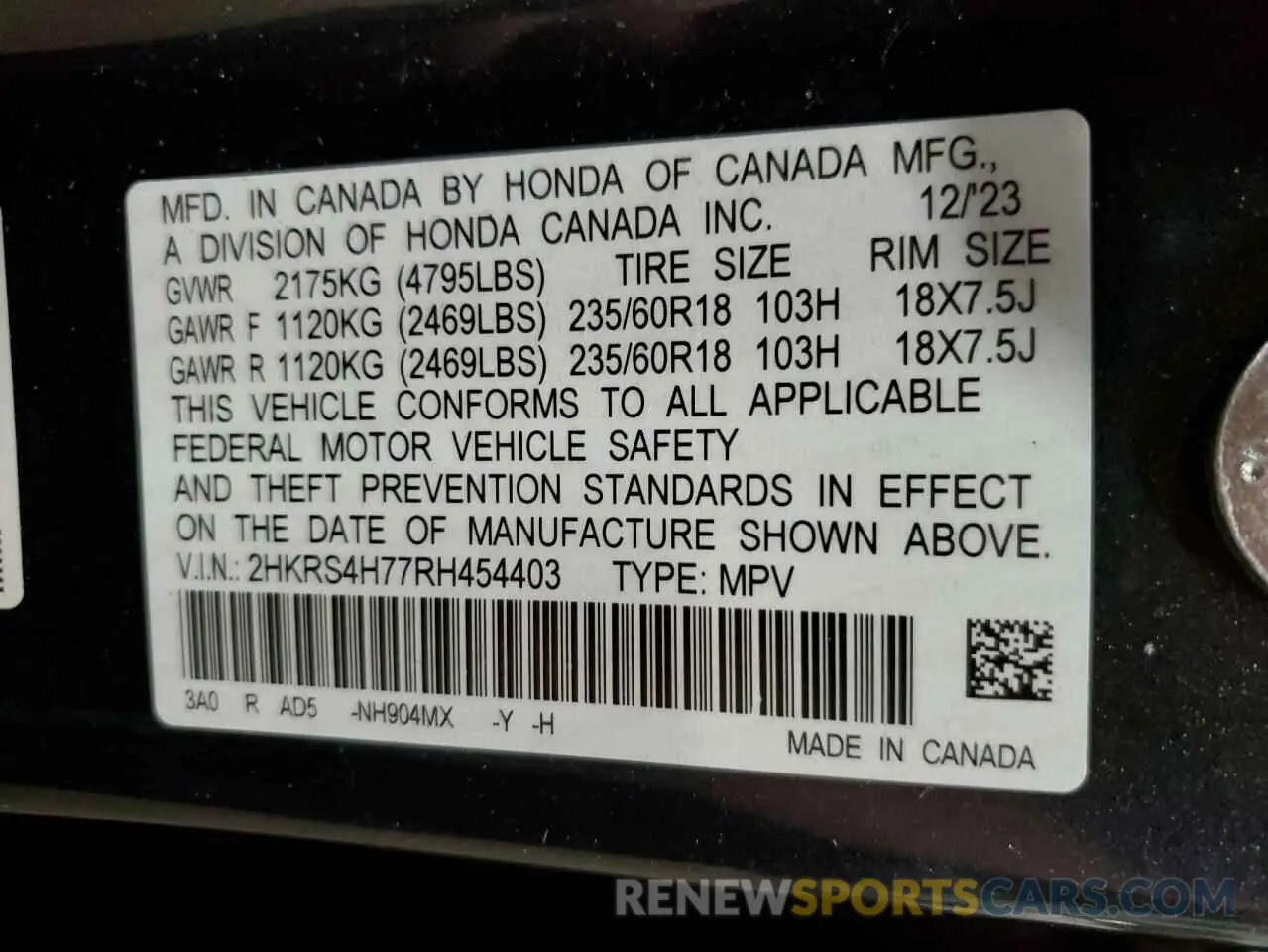 16 Photograph of a damaged car 2HKRS4H77RH454403 HONDA CRV 2024