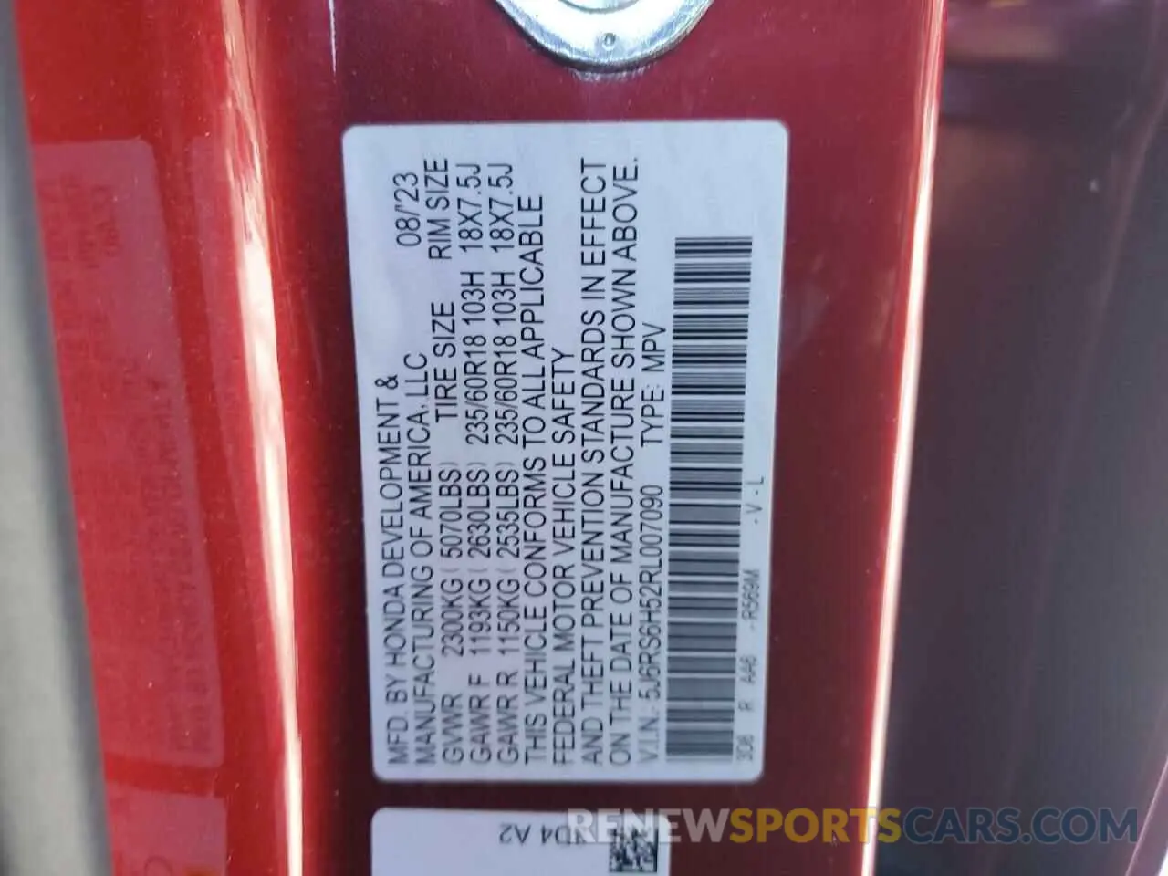 15 Photograph of a damaged car 5J6RS6H52RL007090 HONDA CRV 2024