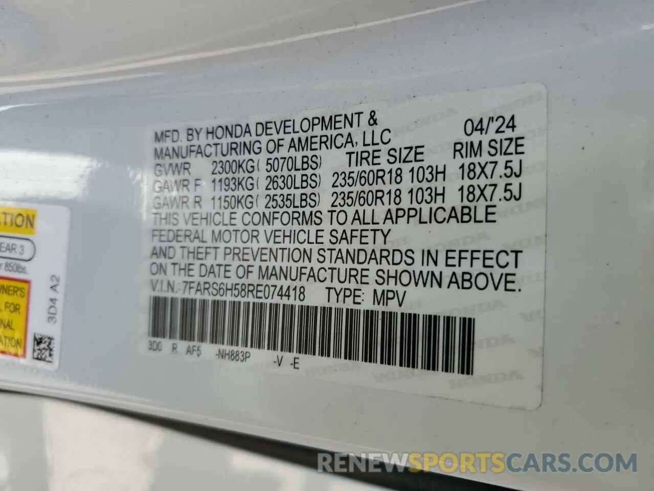 15 Photograph of a damaged car 7FARS6H58RE074418 HONDA CRV 2024