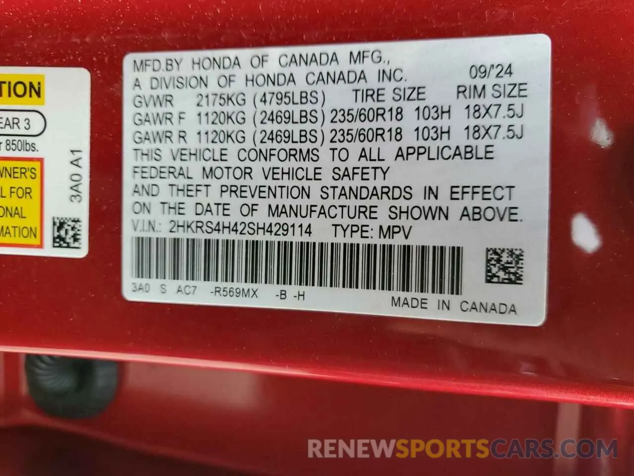 13 Photograph of a damaged car 2HKRS4H42SH429114 HONDA CRV 2025