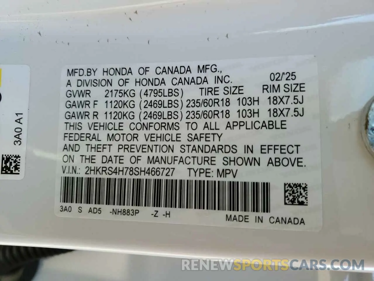15 Photograph of a damaged car 2HKRS4H78SH466727 HONDA CRV 2025