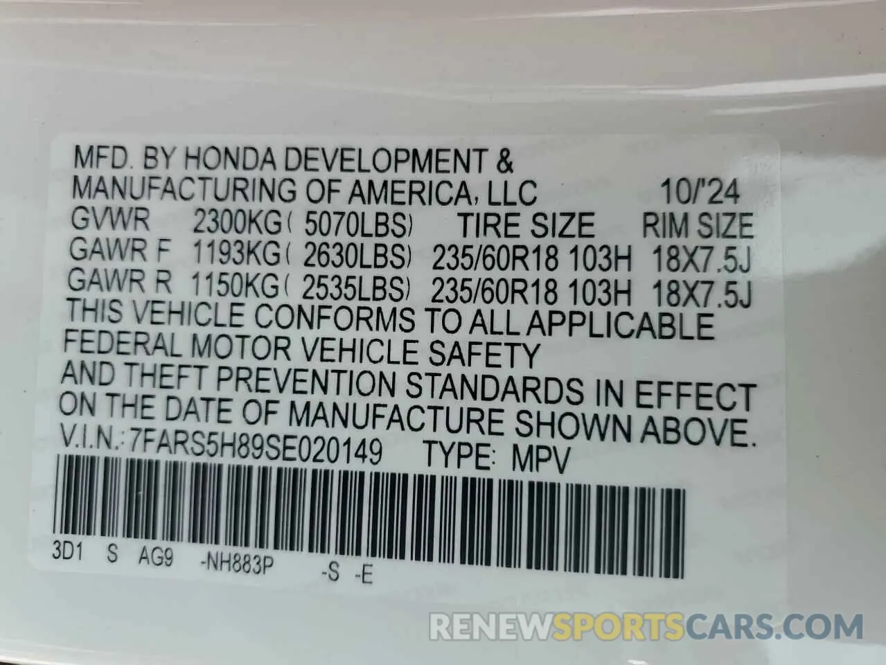 16 Photograph of a damaged car 7FARS5H89SE020149 HONDA CRV 2025