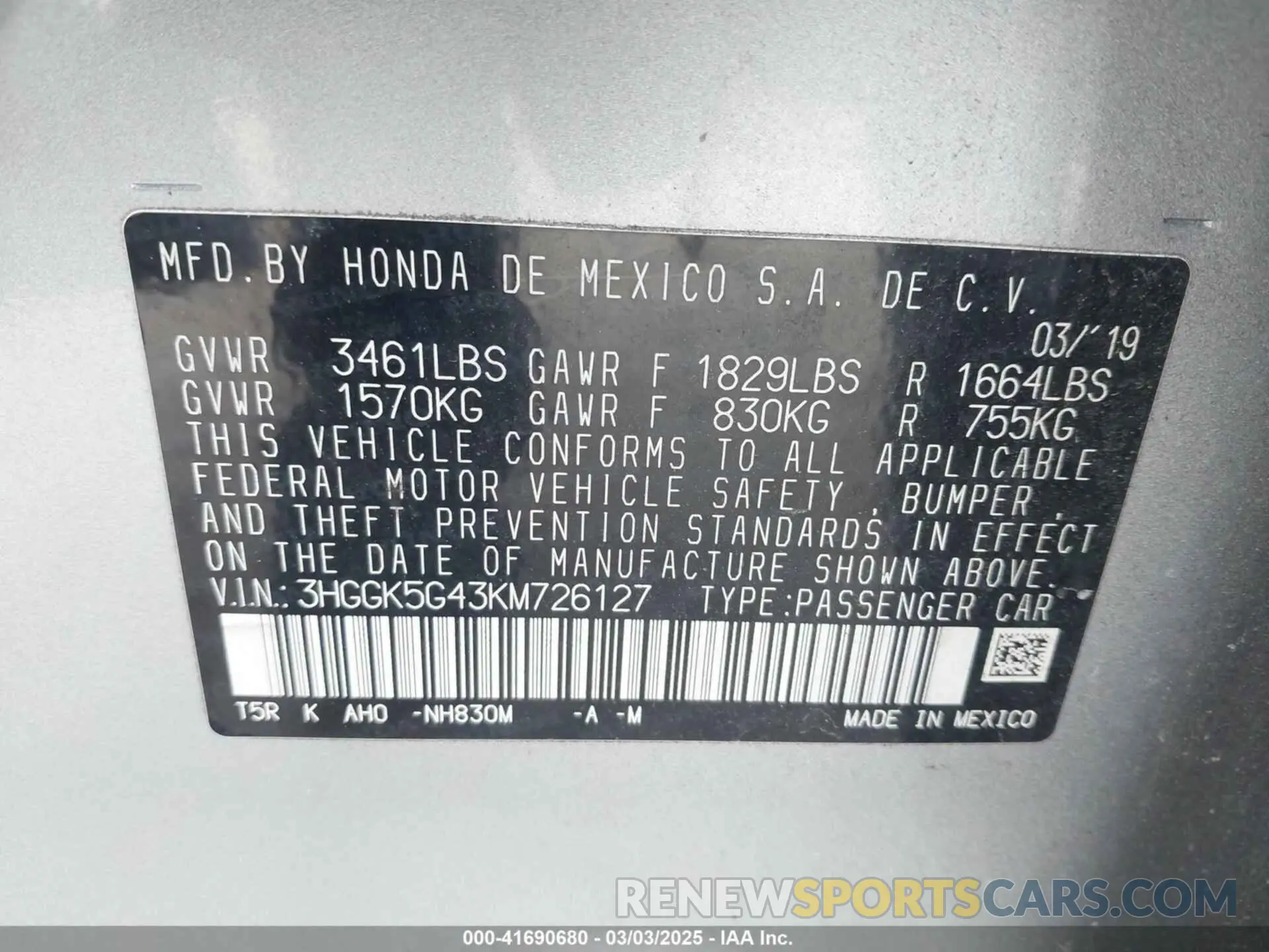 9 Photograph of a damaged car 3HGGK5G43KM726127 HONDA FIT 2019