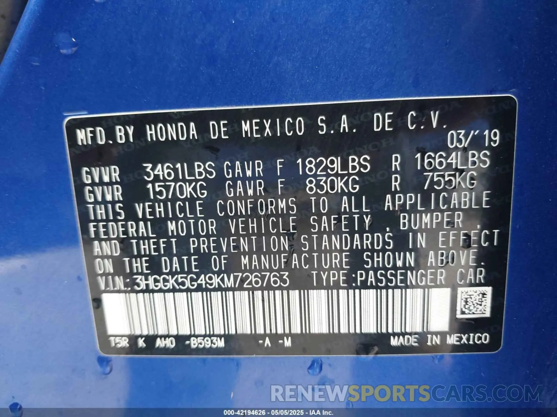 9 Photograph of a damaged car 3HGGK5G49KM726763 HONDA FIT 2019