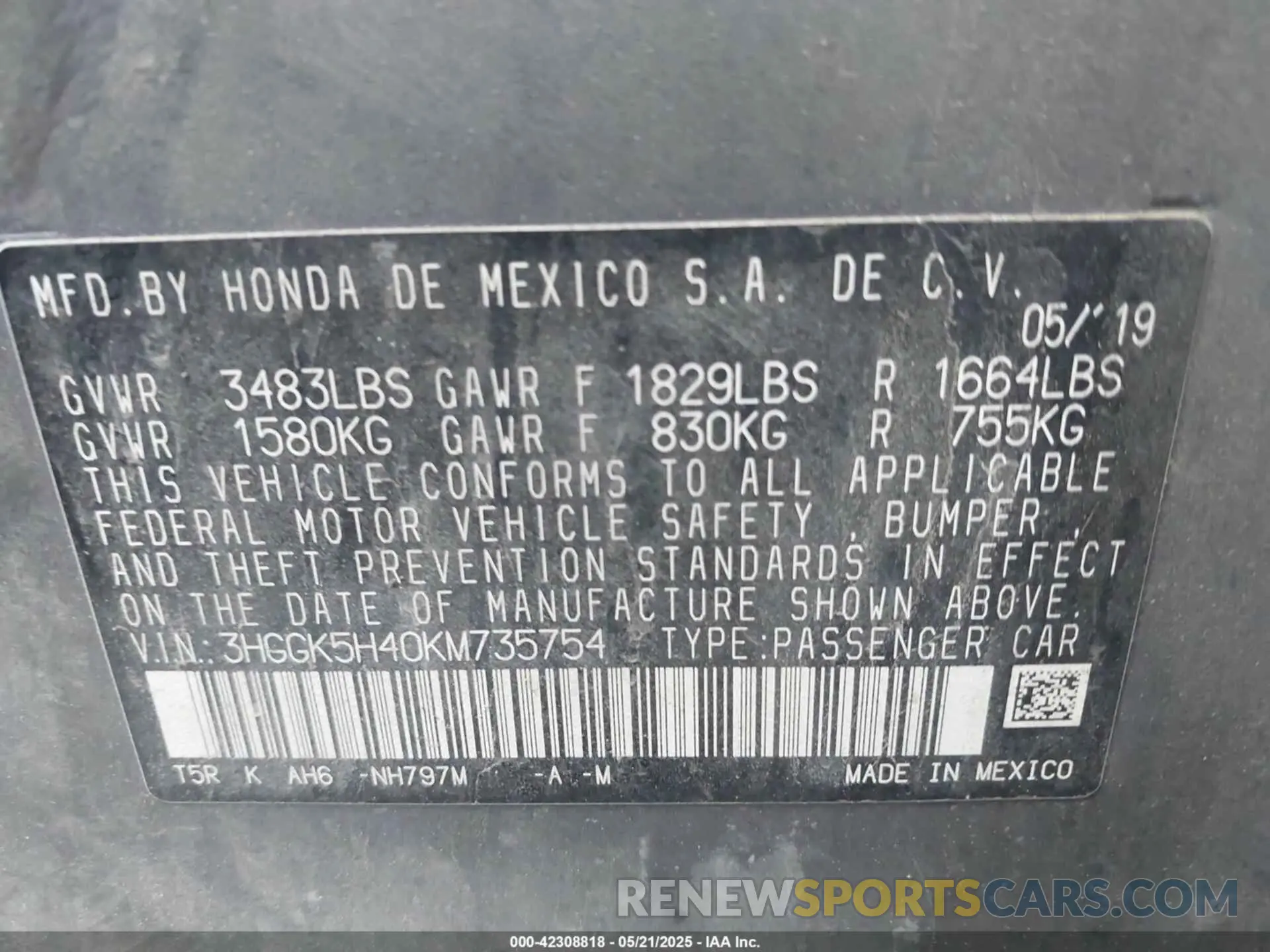 9 Photograph of a damaged car 3HGGK5H40KM735754 HONDA FIT 2019