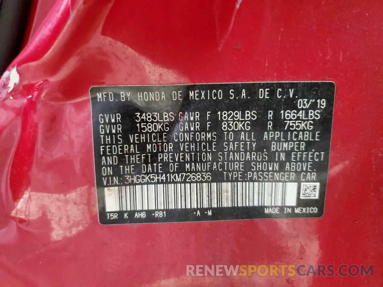 12 Photograph of a damaged car 3HGGK5H41KM726836 HONDA FIT 2019