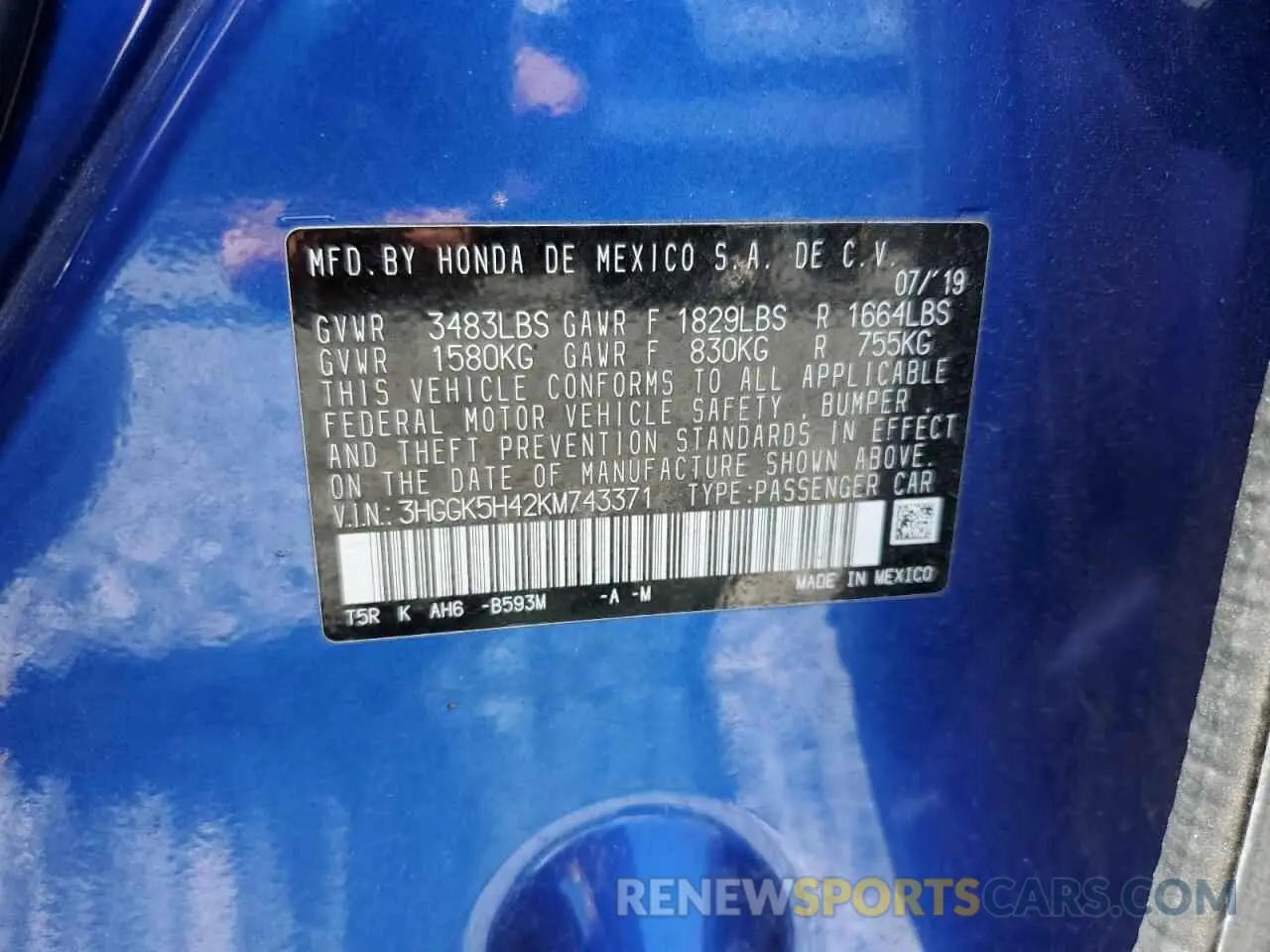 13 Photograph of a damaged car 3HGGK5H42KM743371 HONDA FIT 2019