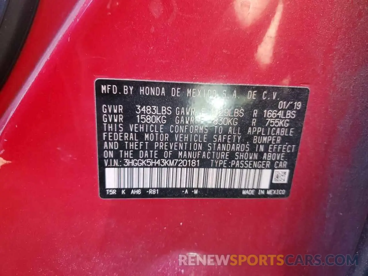 12 Photograph of a damaged car 3HGGK5H43KM720181 HONDA FIT 2019