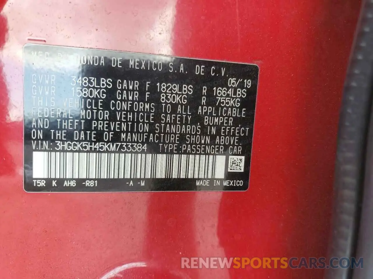 12 Photograph of a damaged car 3HGGK5H45KM733384 HONDA FIT 2019