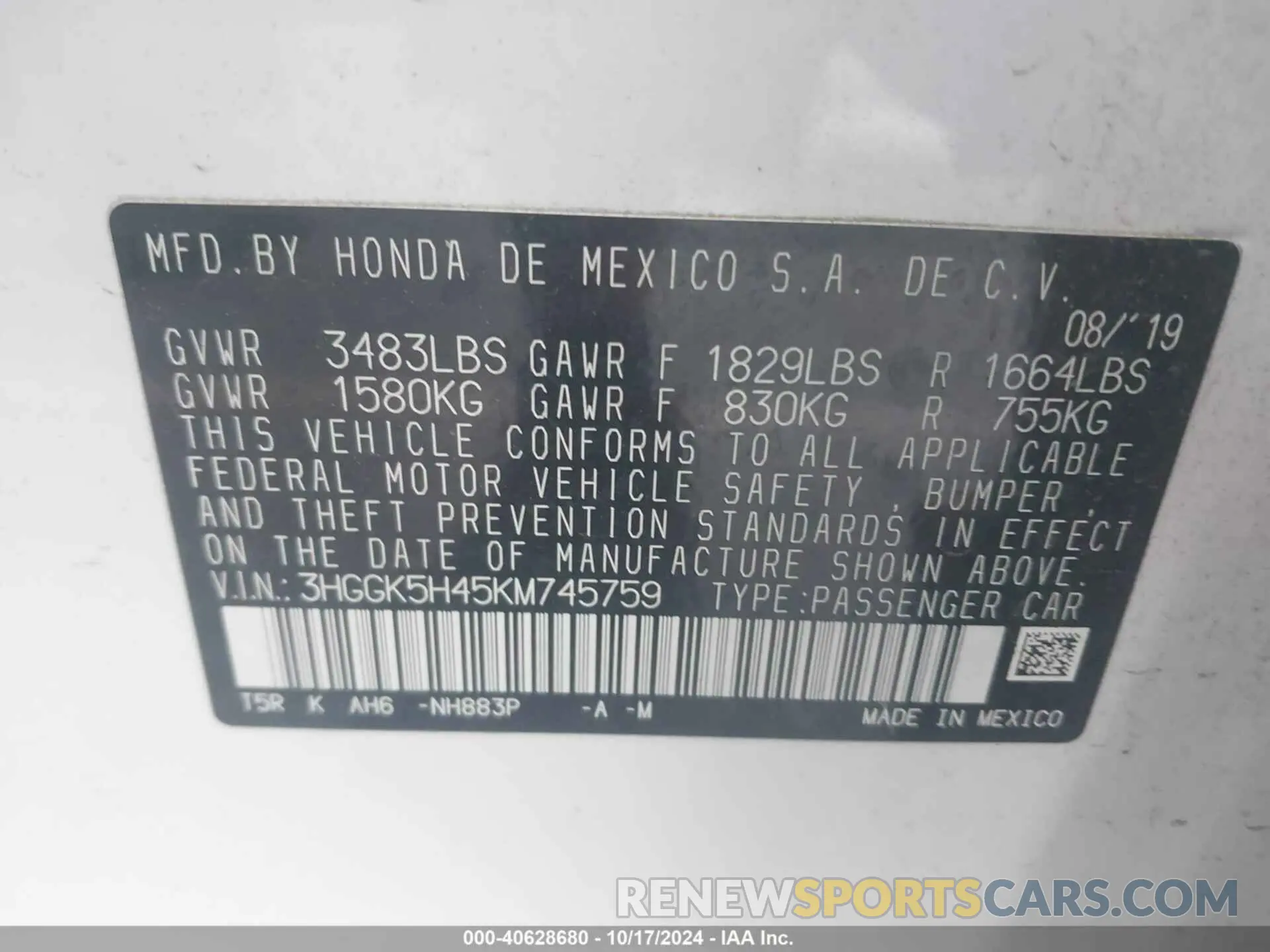 9 Photograph of a damaged car 3HGGK5H45KM745759 HONDA FIT 2019