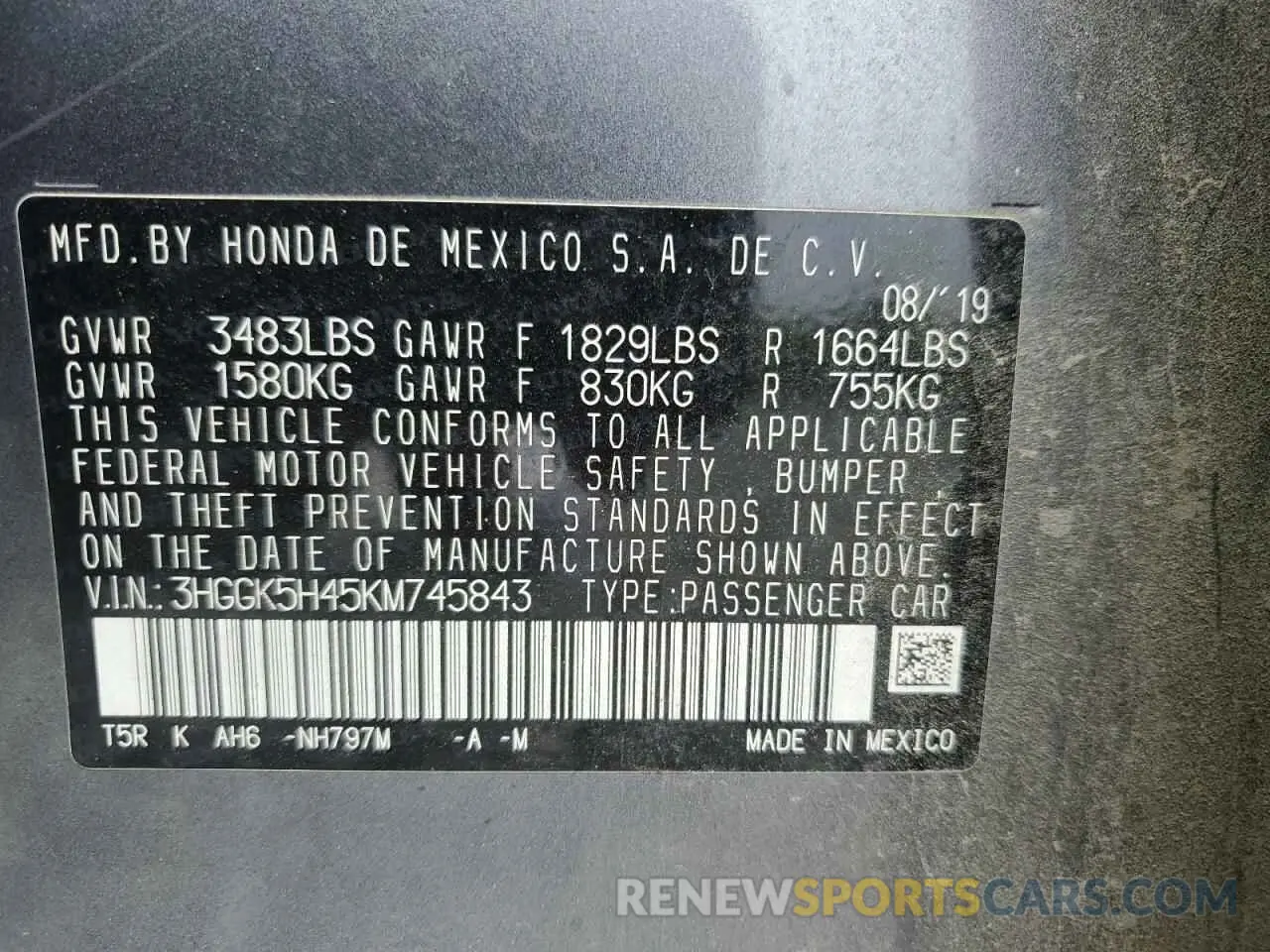 12 Photograph of a damaged car 3HGGK5H45KM745843 HONDA FIT 2019