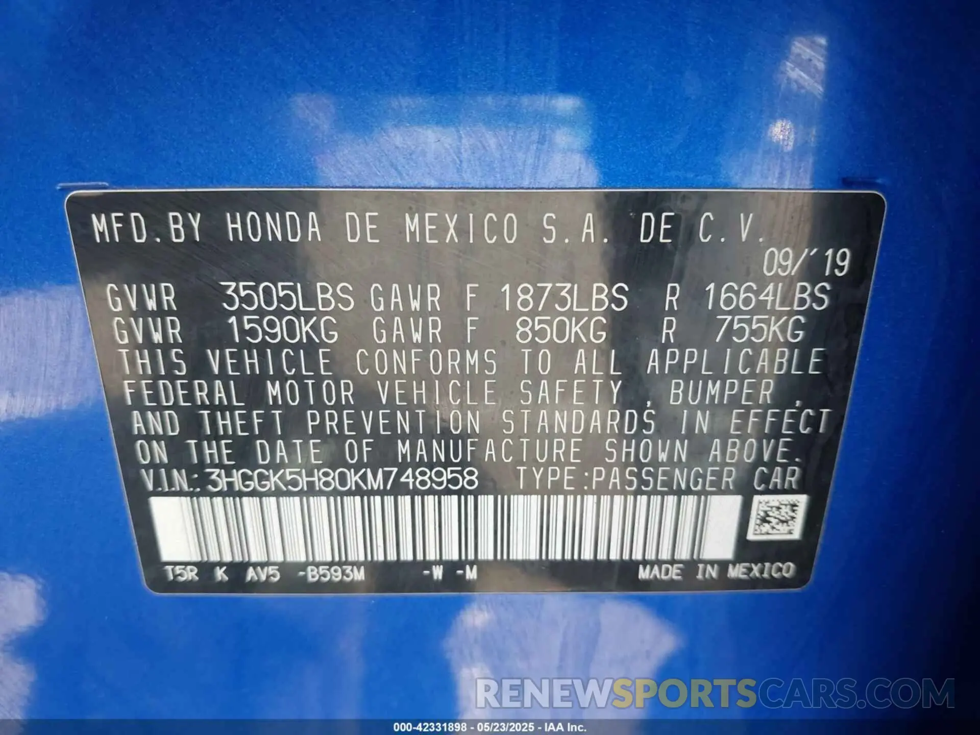9 Photograph of a damaged car 3HGGK5H80KM748958 HONDA FIT 2019