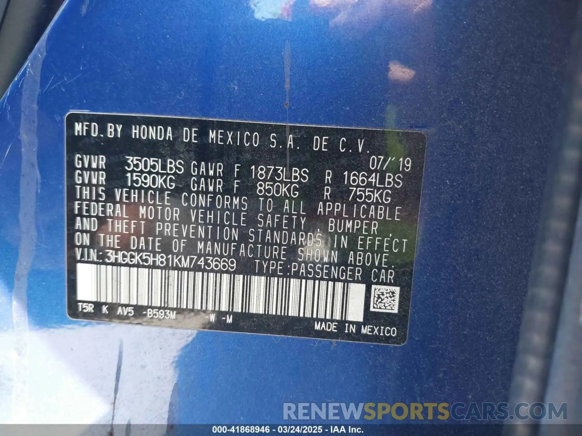 9 Photograph of a damaged car 3HGGK5H81KM743669 HONDA FIT 2019