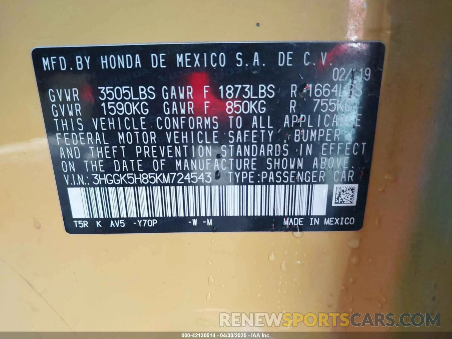 9 Photograph of a damaged car 3HGGK5H85KM724543 HONDA FIT 2019
