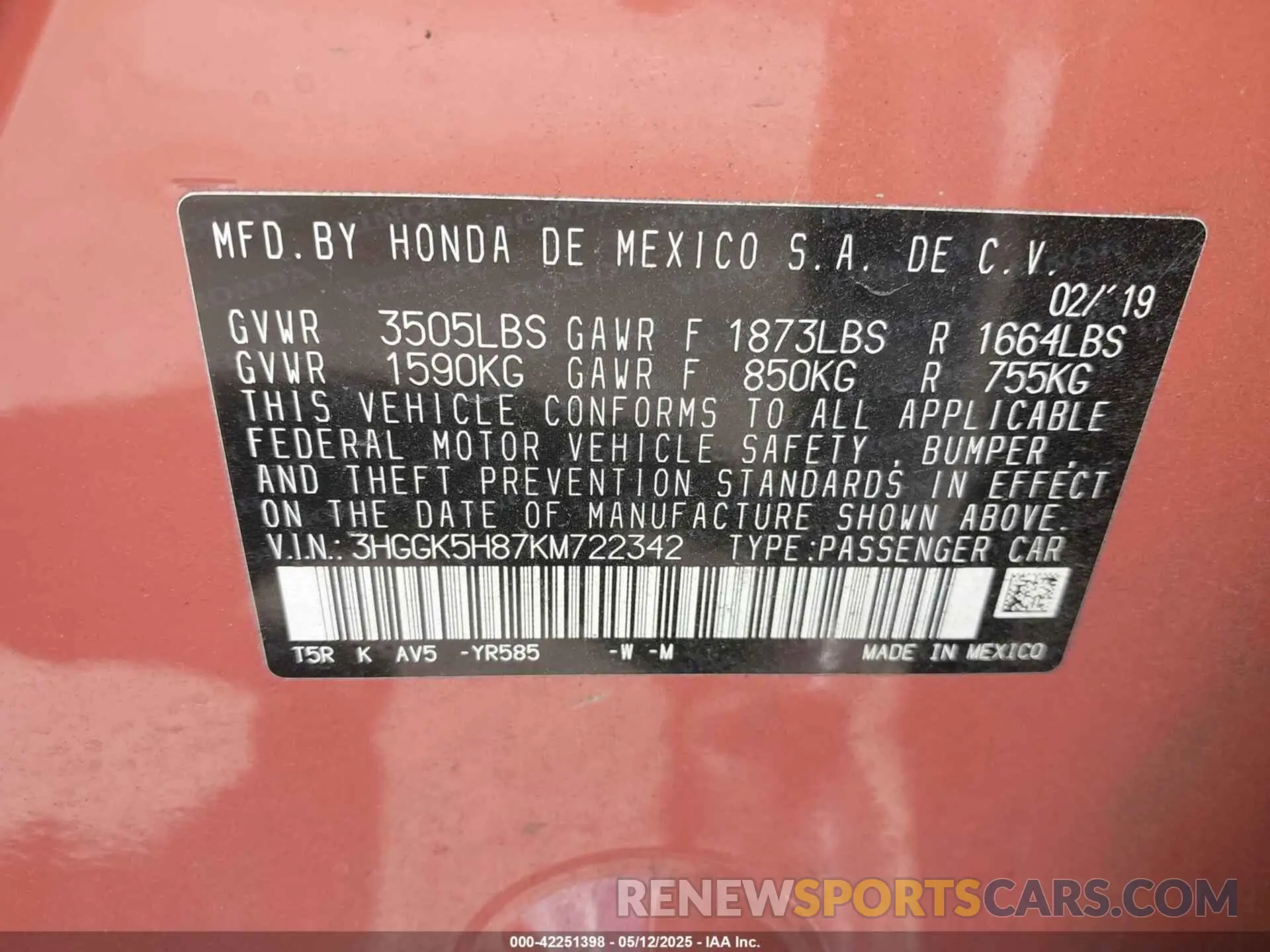 9 Photograph of a damaged car 3HGGK5H87KM722342 HONDA FIT 2019