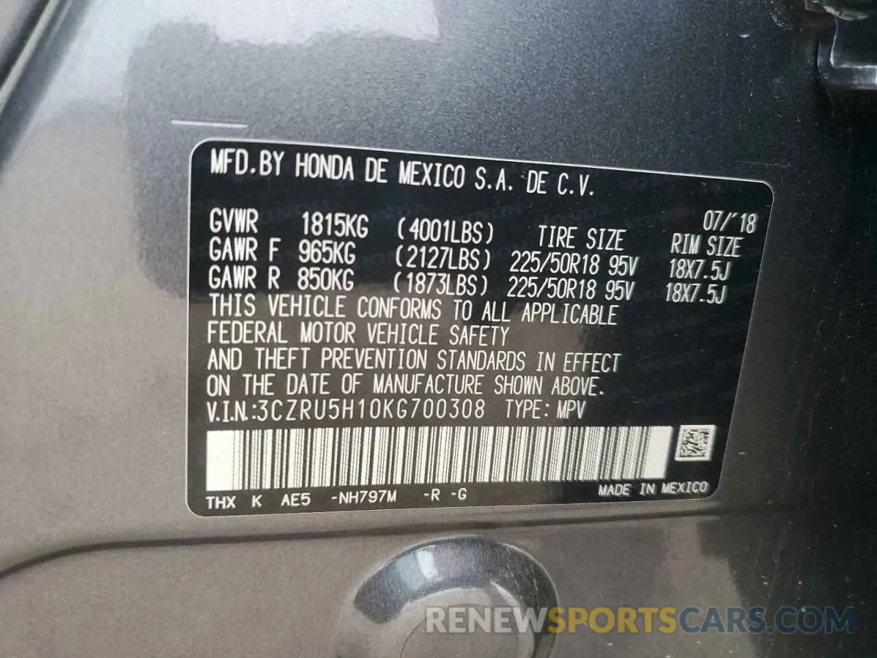 13 Photograph of a damaged car 3CZRU5H10KG700308 HONDA HR-V 2019