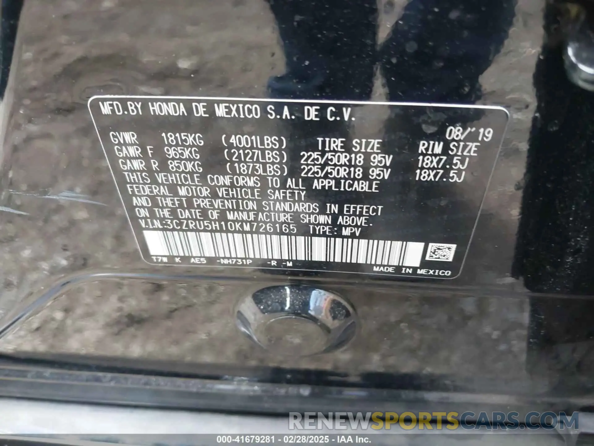 9 Photograph of a damaged car 3CZRU5H10KM726165 HONDA HR-V 2019