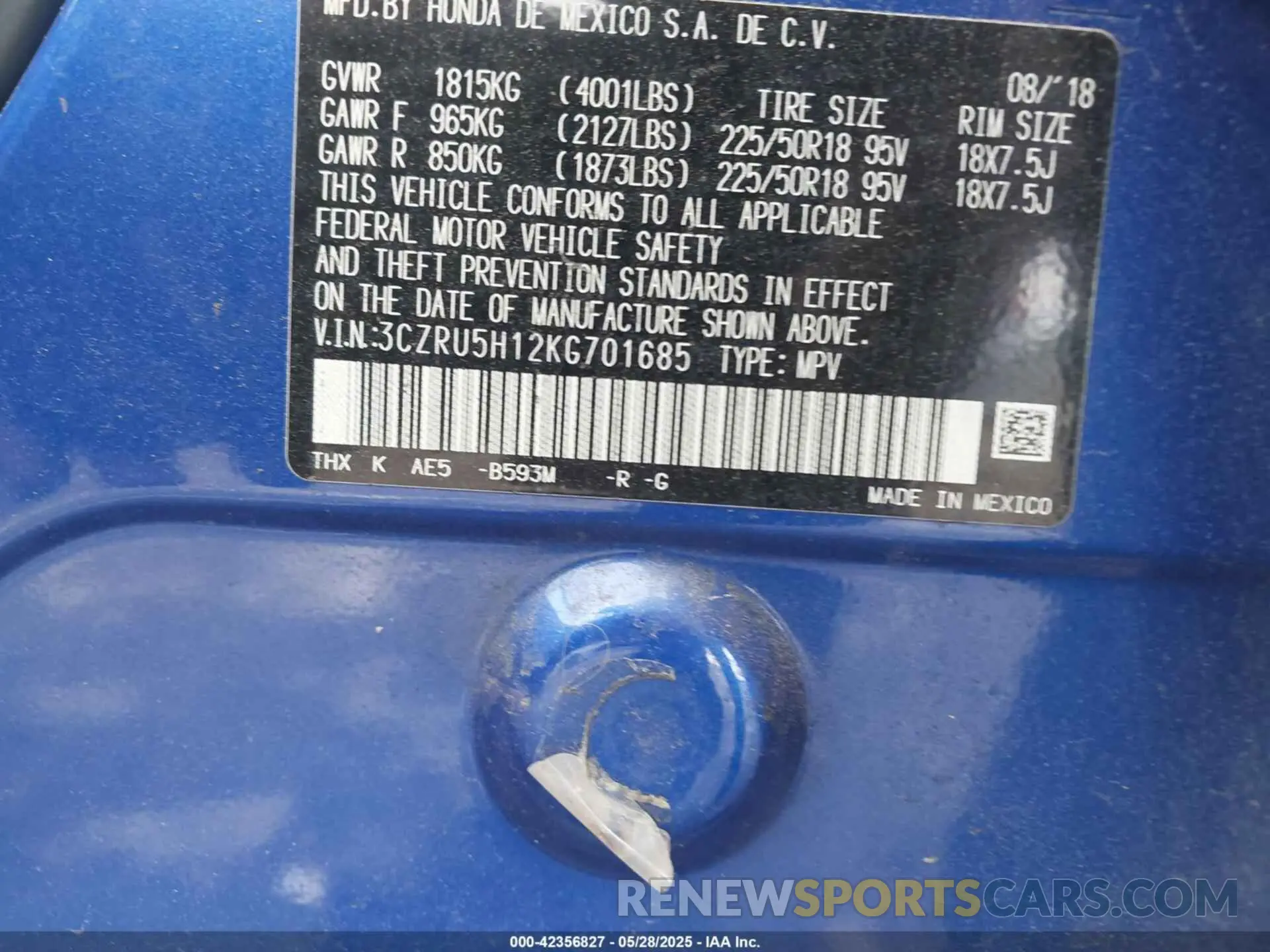 9 Photograph of a damaged car 3CZRU5H12KG701685 HONDA HR-V 2019