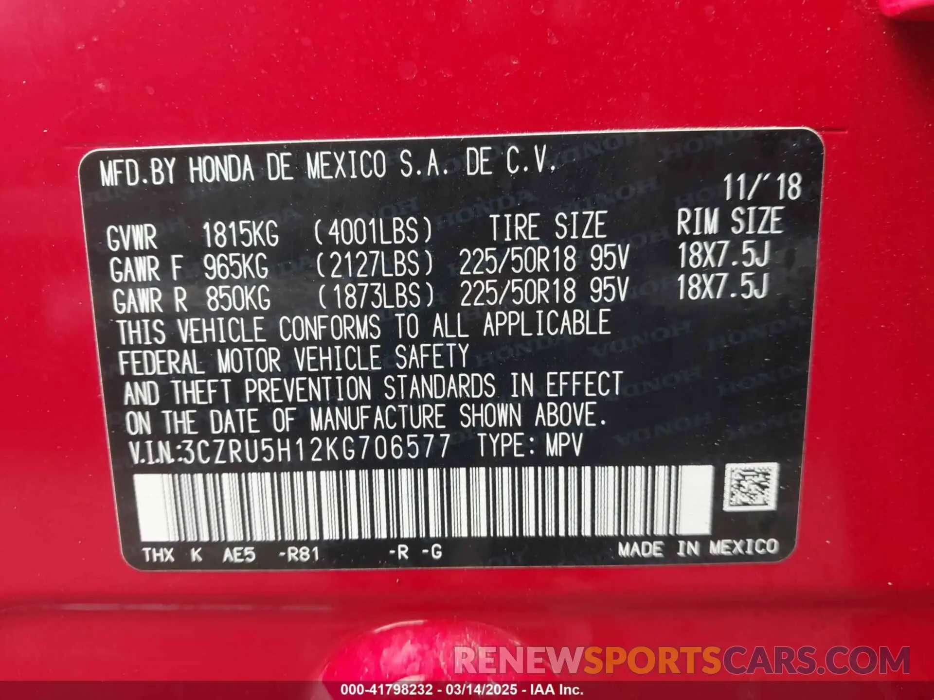 9 Photograph of a damaged car 3CZRU5H12KG706577 HONDA HR-V 2019