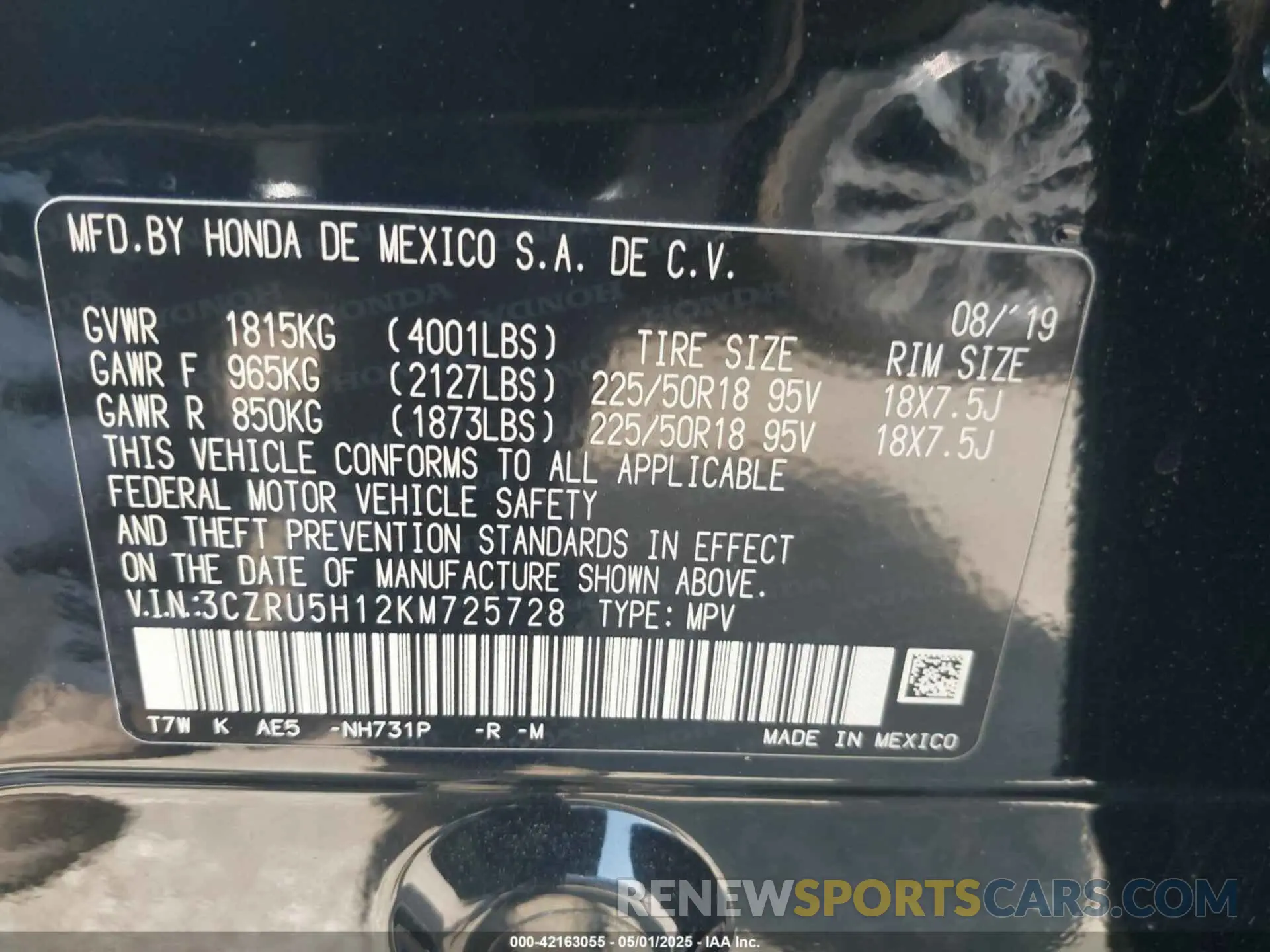 9 Photograph of a damaged car 3CZRU5H12KM725728 HONDA HR-V 2019