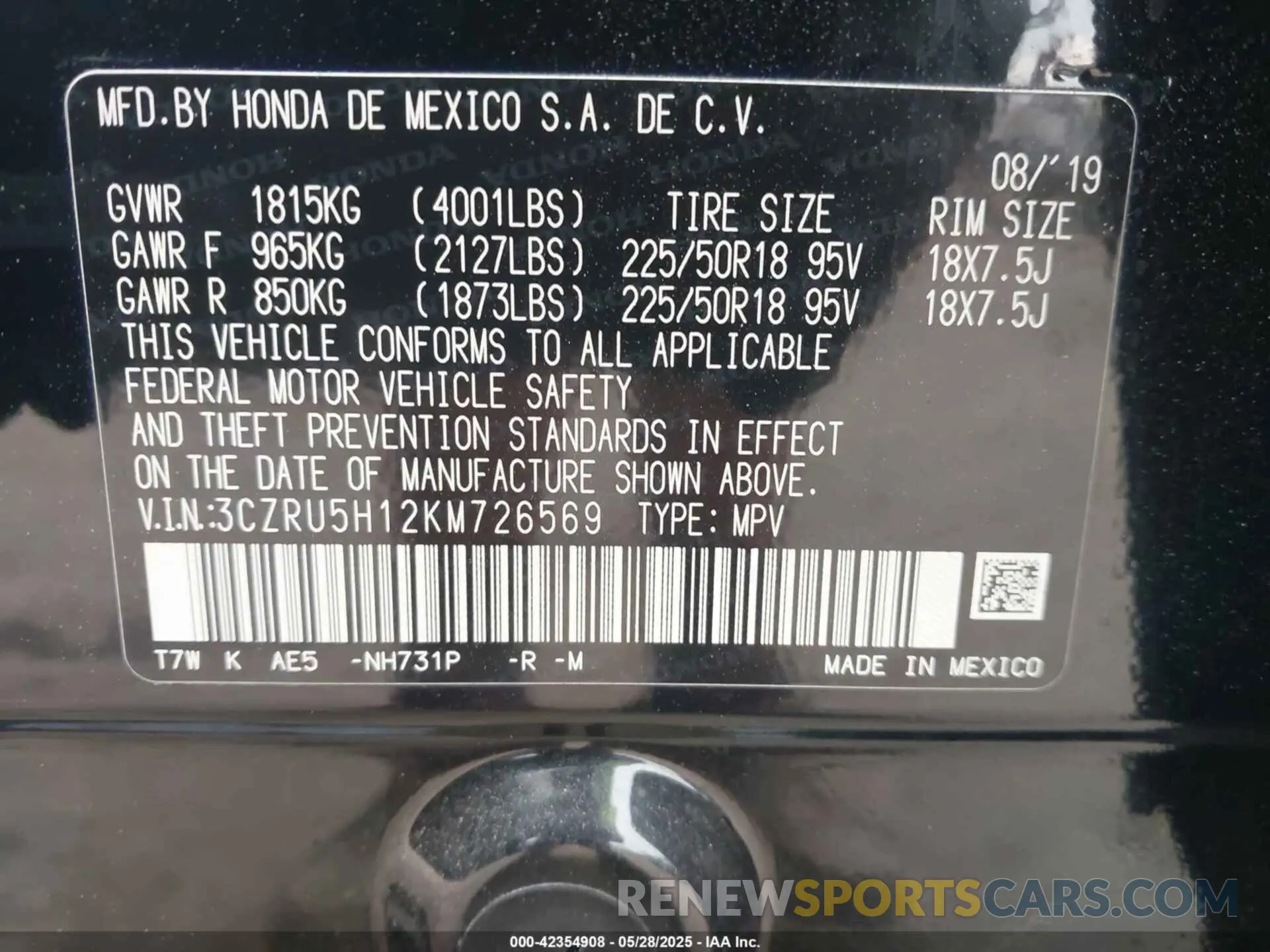 9 Photograph of a damaged car 3CZRU5H12KM726569 HONDA HR-V 2019