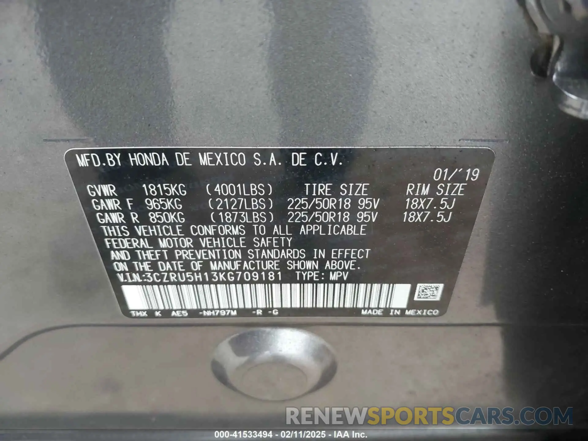 9 Photograph of a damaged car 3CZRU5H13KG709181 HONDA HR-V 2019