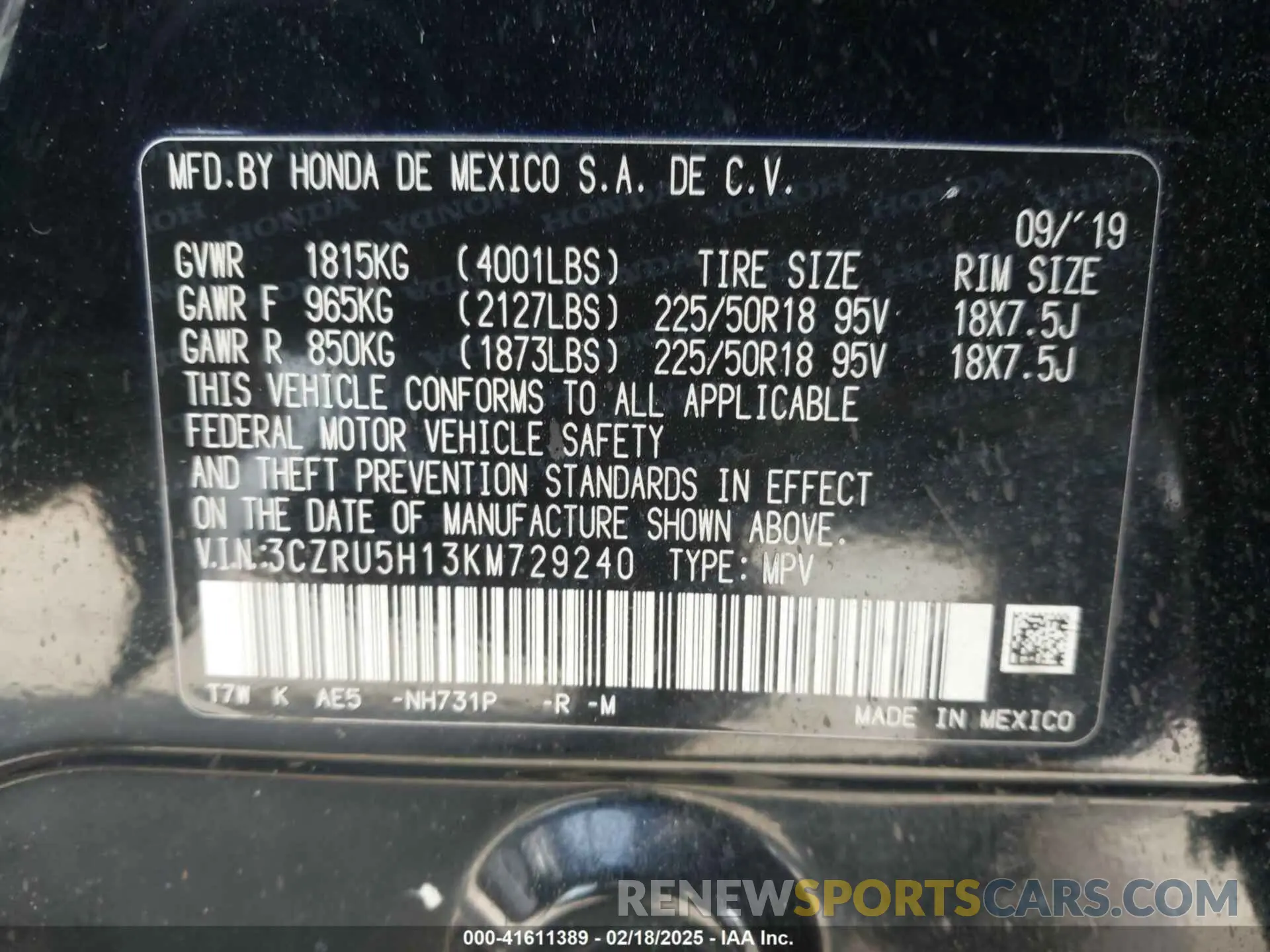 9 Photograph of a damaged car 3CZRU5H13KM729240 HONDA HR-V 2019