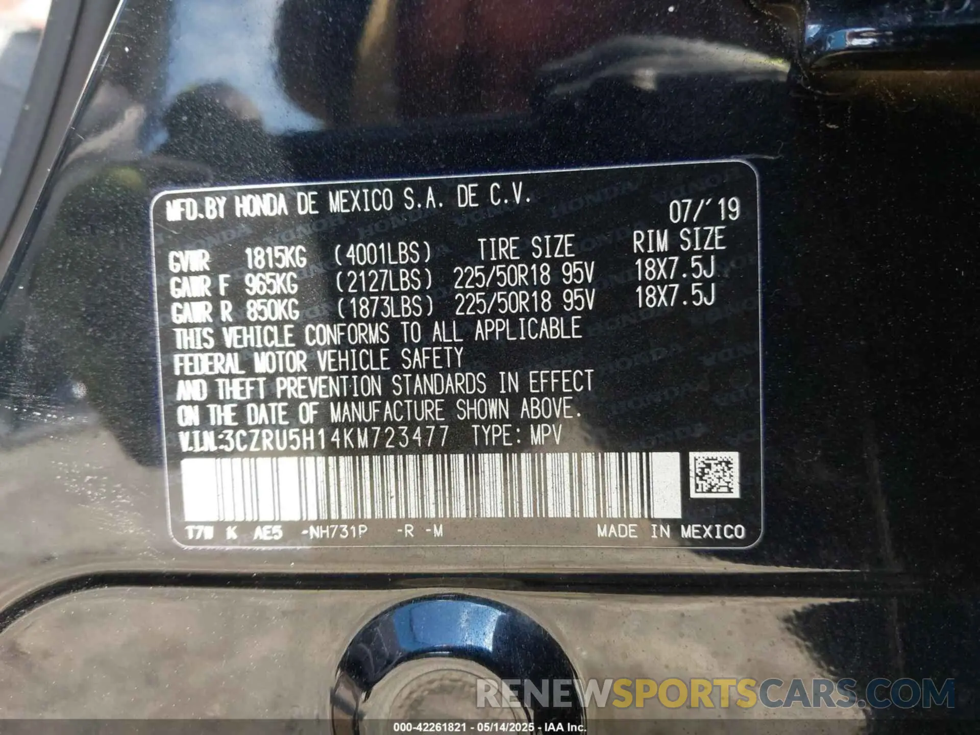 9 Photograph of a damaged car 3CZRU5H14KM723477 HONDA HR-V 2019