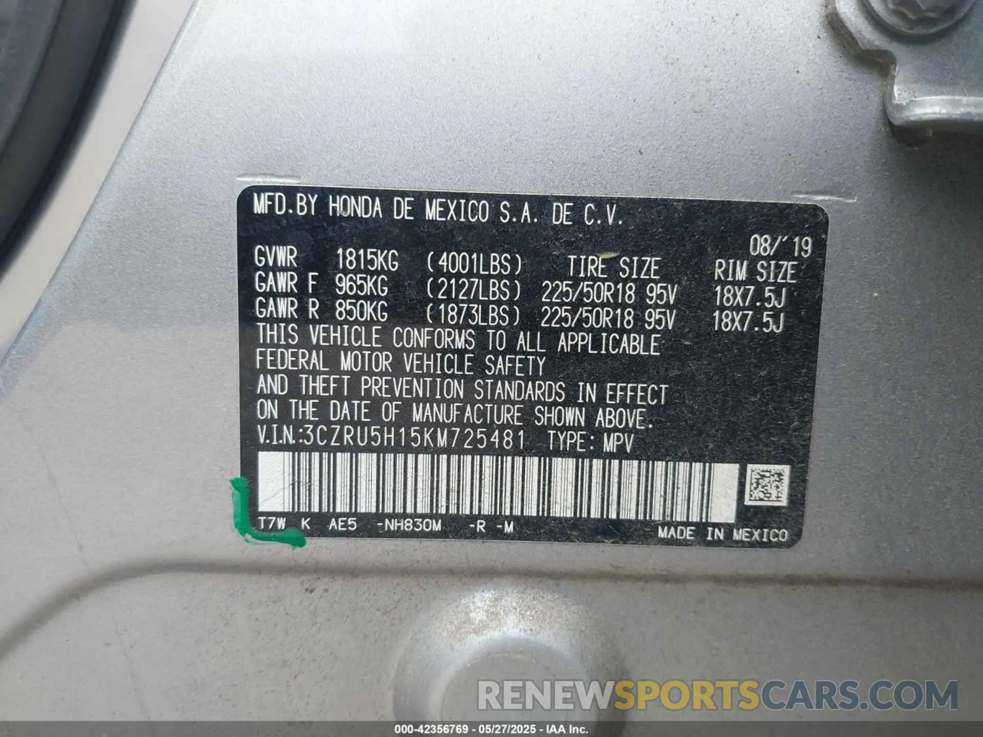 9 Photograph of a damaged car 3CZRU5H15KM725481 HONDA HR-V 2019