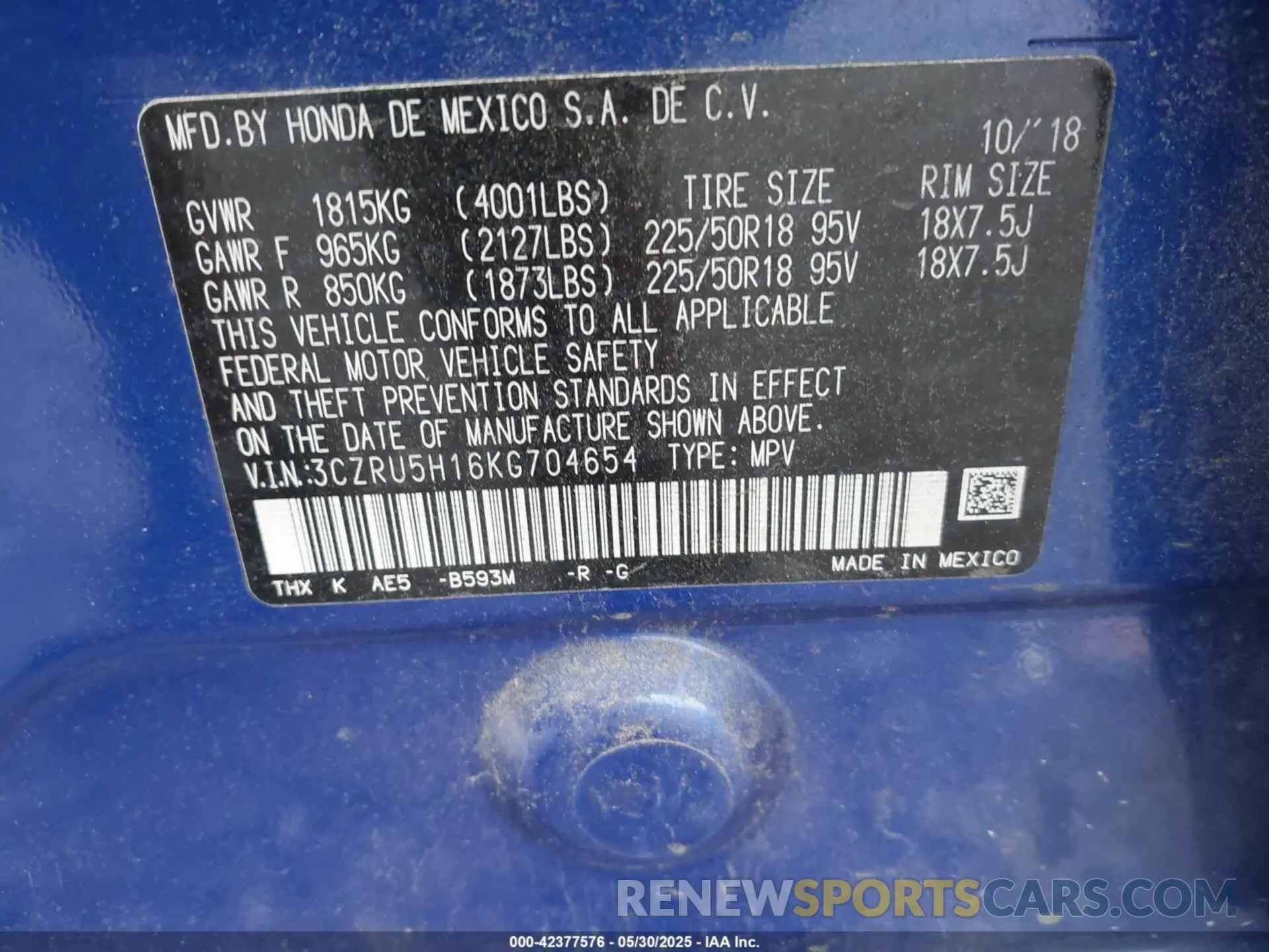 9 Photograph of a damaged car 3CZRU5H16KG704654 HONDA HR-V 2019