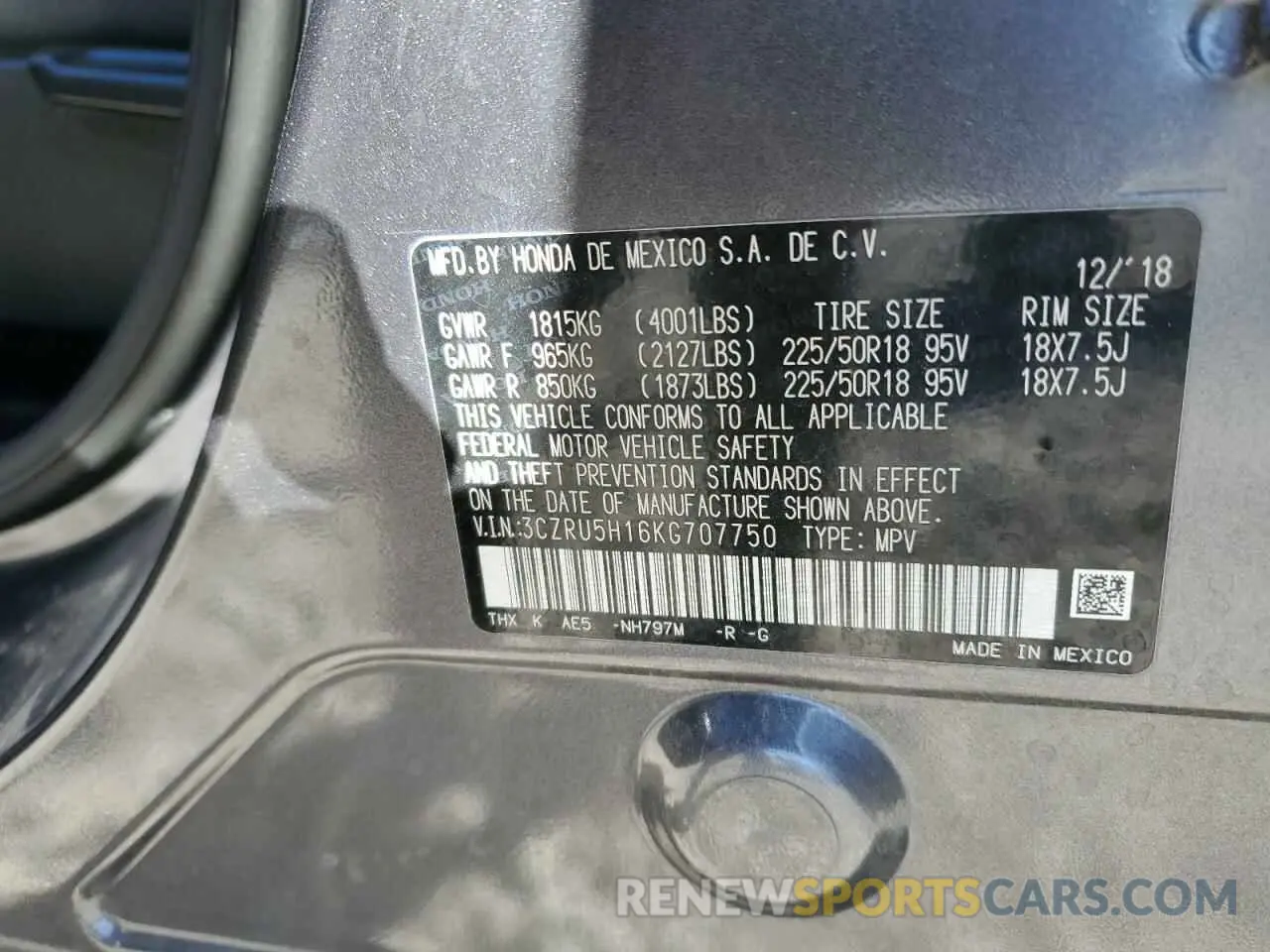 13 Photograph of a damaged car 3CZRU5H16KG707750 HONDA HR-V 2019