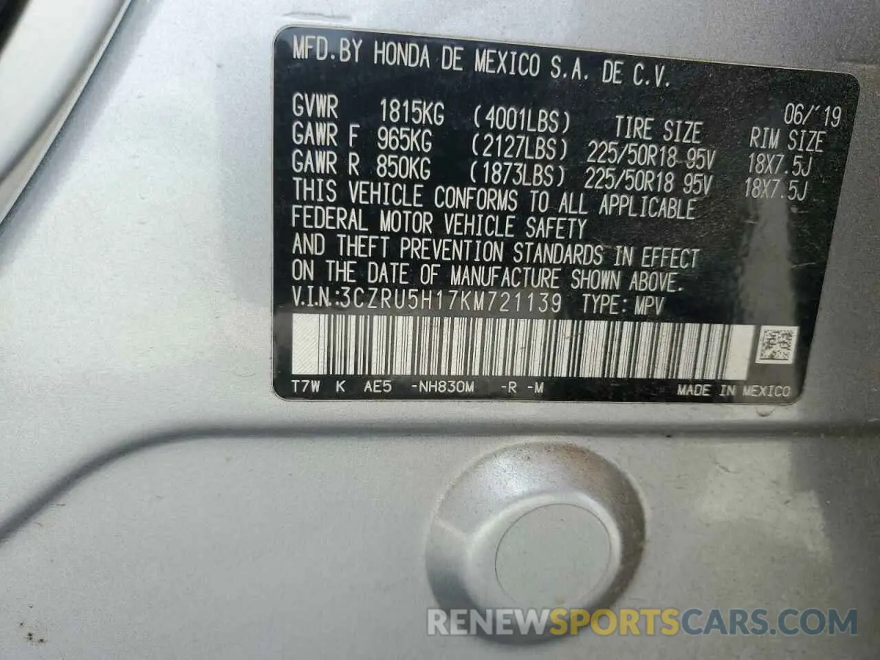 14 Photograph of a damaged car 3CZRU5H17KM721139 HONDA HR-V 2019