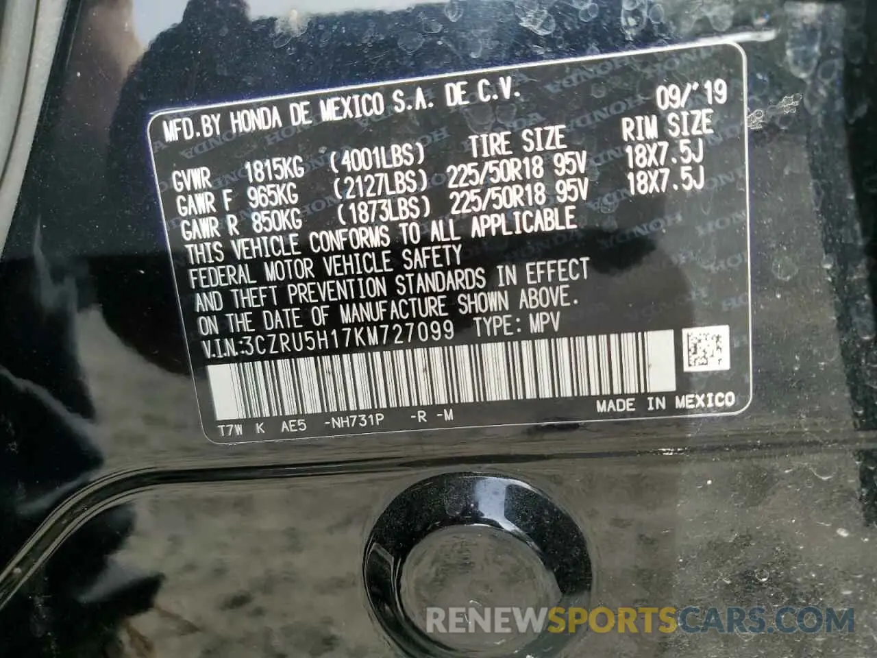 14 Photograph of a damaged car 3CZRU5H17KM727099 HONDA HR-V 2019