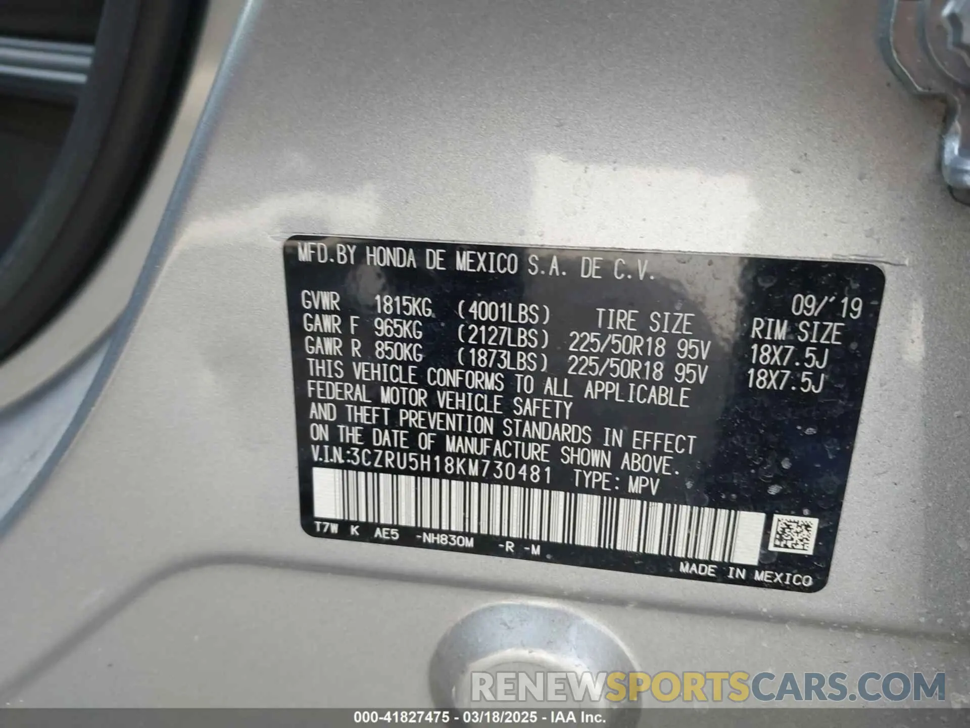 9 Photograph of a damaged car 3CZRU5H18KM730481 HONDA HR-V 2019