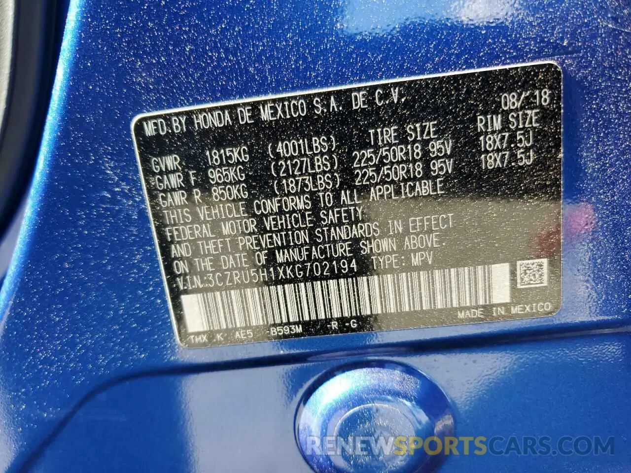 15 Photograph of a damaged car 3CZRU5H1XKG702194 HONDA HR-V 2019