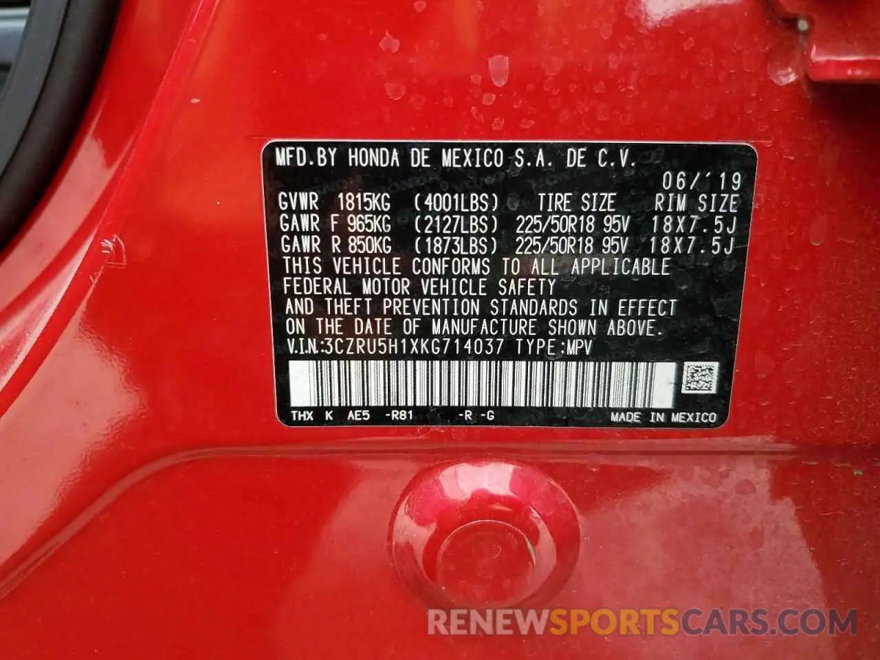 12 Photograph of a damaged car 3CZRU5H1XKG714037 HONDA HR-V 2019