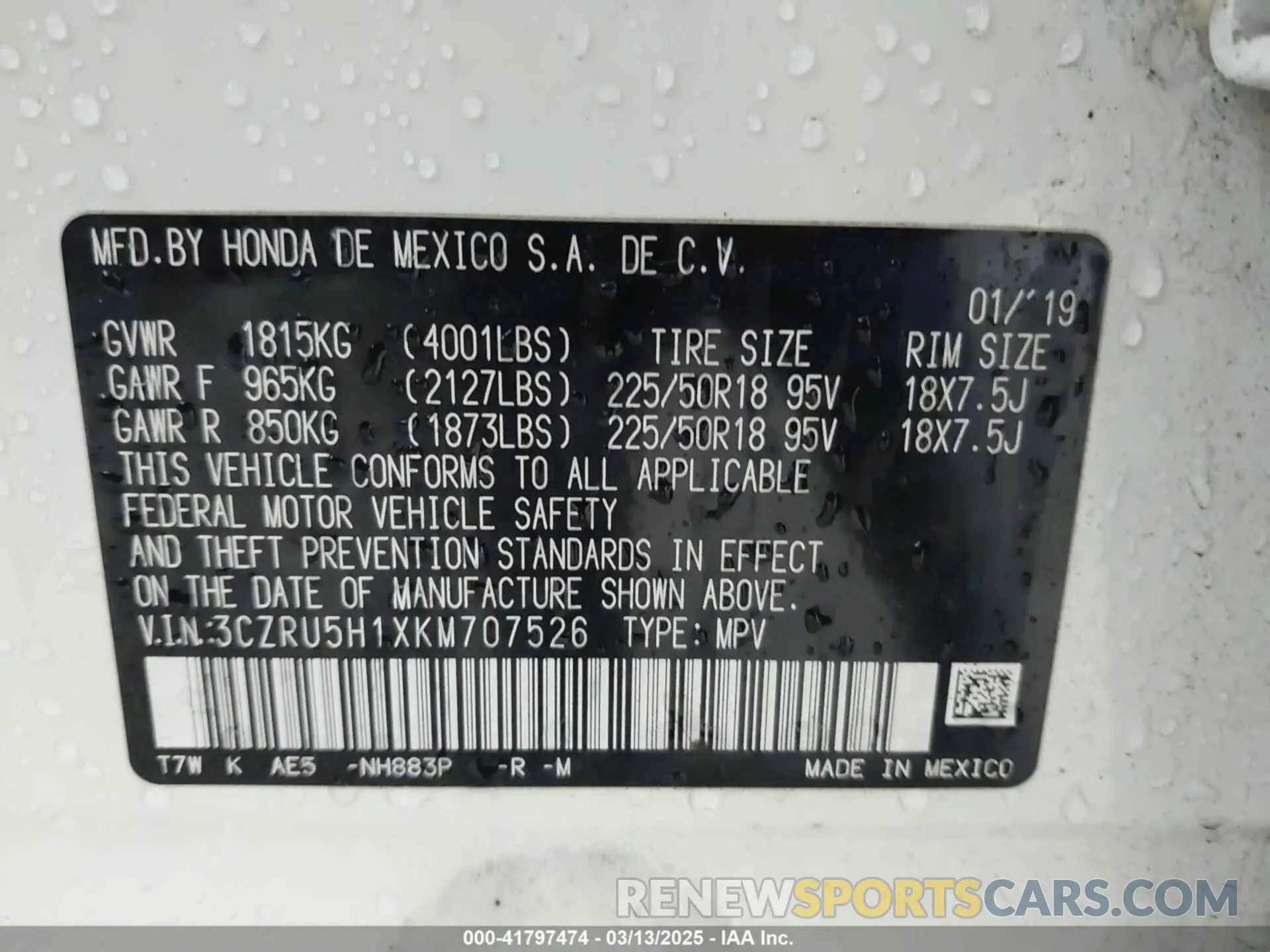 9 Photograph of a damaged car 3CZRU5H1XKM707526 HONDA HR-V 2019