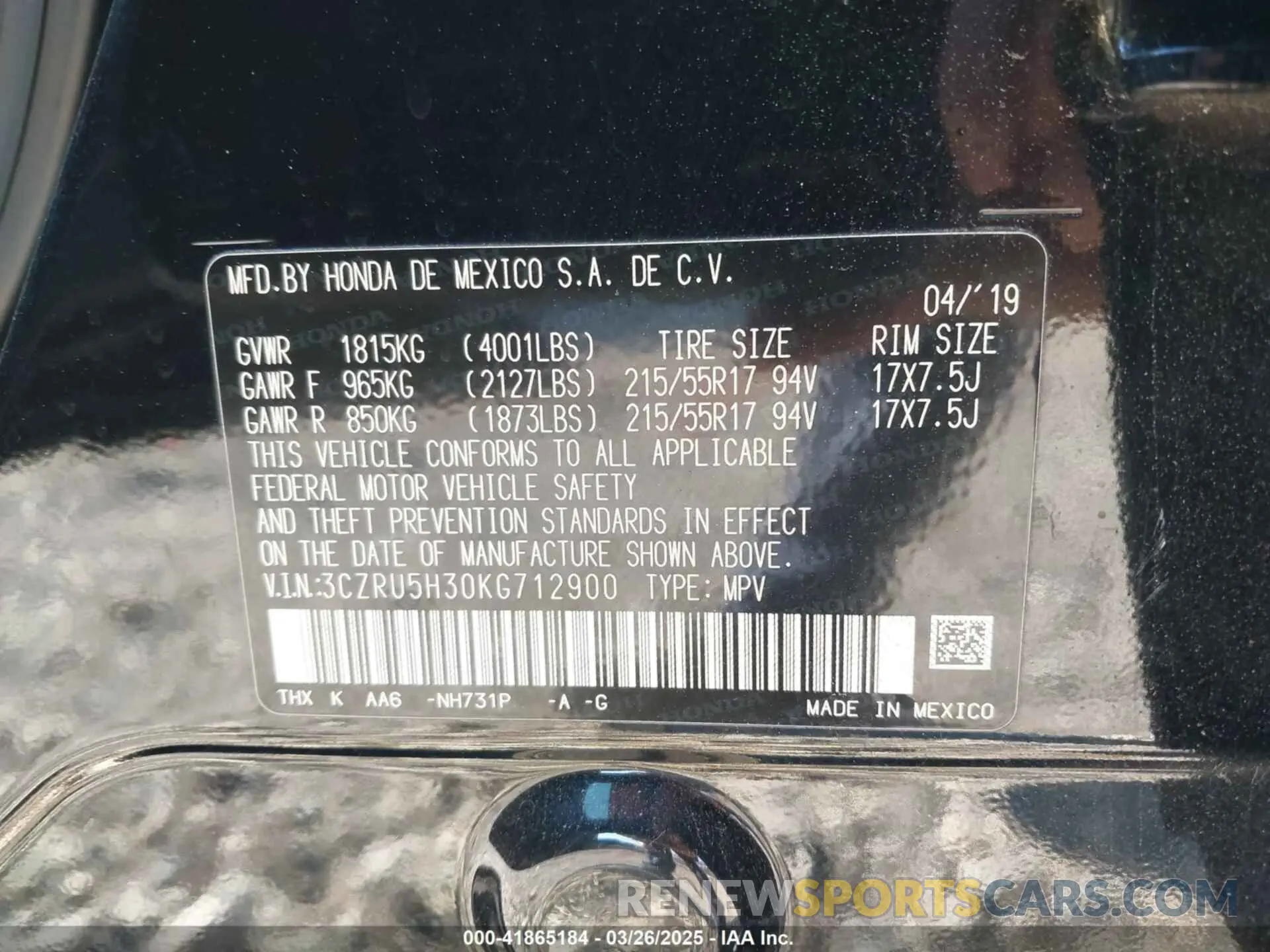 9 Photograph of a damaged car 3CZRU5H30KG712900 HONDA HR-V 2019