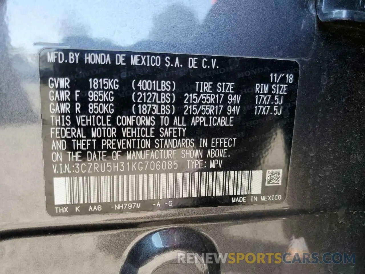 13 Photograph of a damaged car 3CZRU5H31KG706085 HONDA HR-V 2019