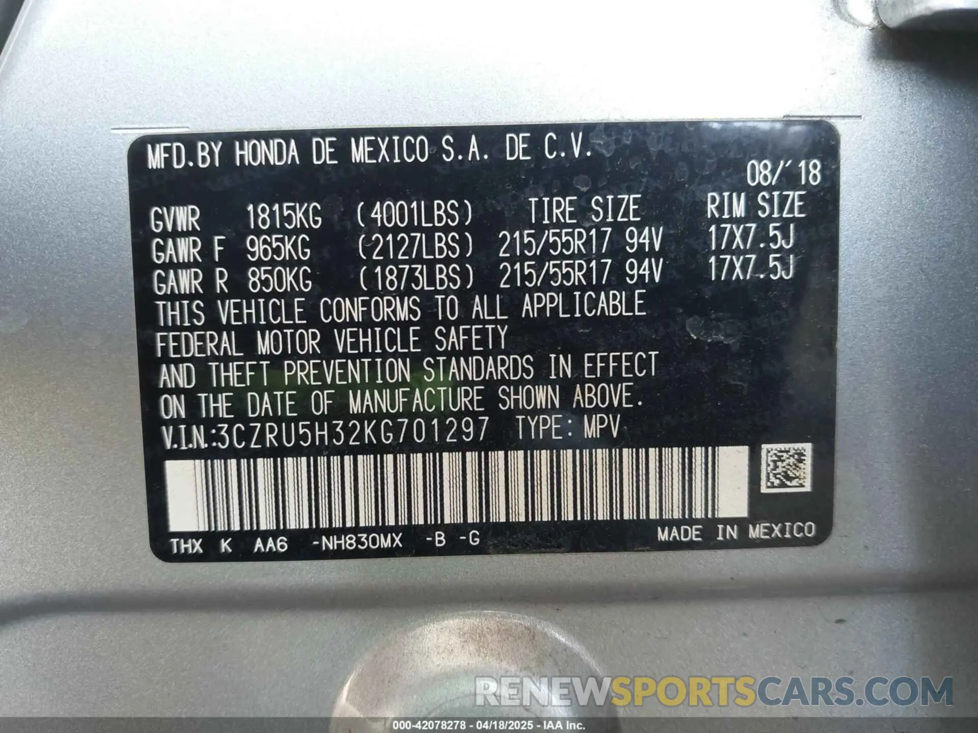 9 Photograph of a damaged car 3CZRU5H32KG701297 HONDA HR-V 2019