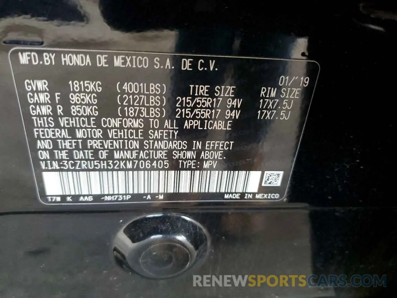 12 Photograph of a damaged car 3CZRU5H32KM706405 HONDA HR-V 2019