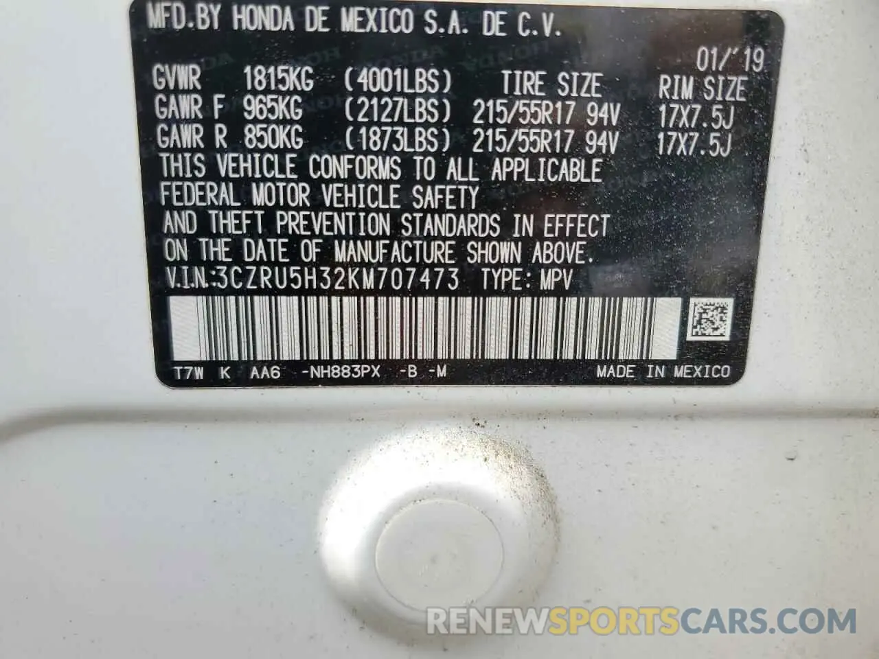 15 Photograph of a damaged car 3CZRU5H32KM707473 HONDA HR-V 2019
