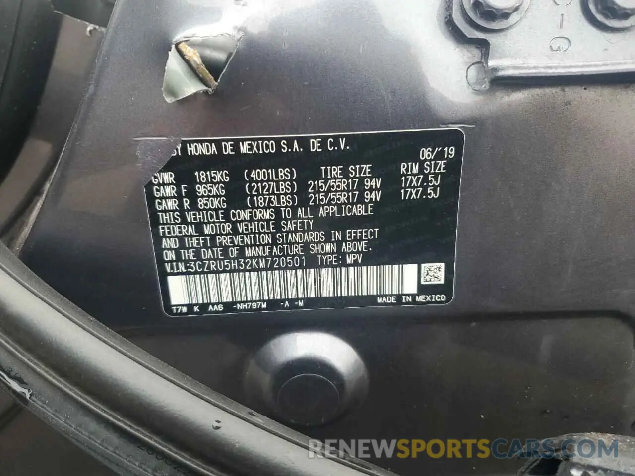 15 Photograph of a damaged car 3CZRU5H32KM720501 HONDA HR-V 2019